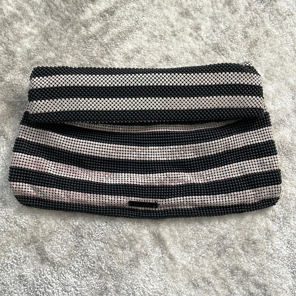 BCBG Black & Taupe Striped Foldover Clutch